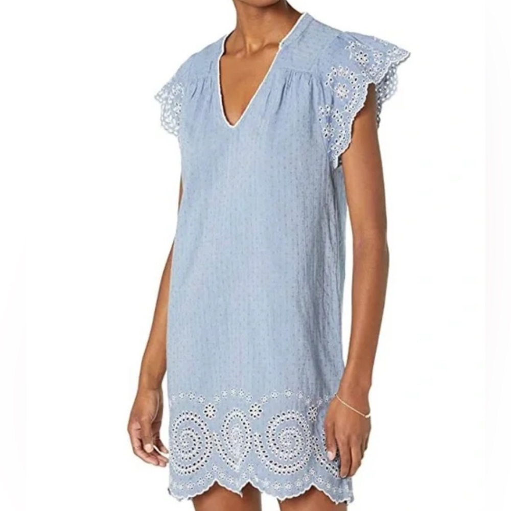 Faherty Aurora Embroidered Chambray Eyelet Flutter Sleeves Mini Dress